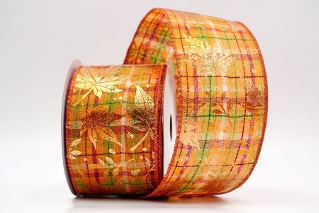 شريط سلكي من قماش برتقالي مزخرف بأوراق القيقب الذهبية_KF9906GC-42-220