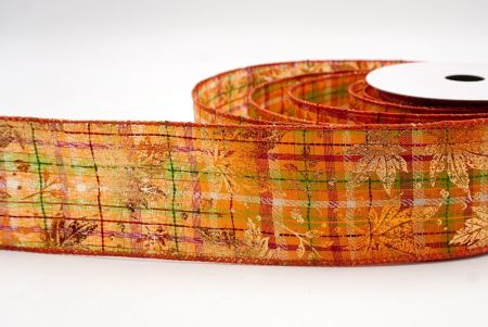 شريط سلكي من قماش برتقالي مزخرف بأوراق القيقب الذهبية_KF9906GC-42-220