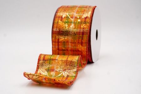 شريط سلكي من قماش برتقالي مزخرف بأوراق القيقب الذهبية_KF9906GC-42-220