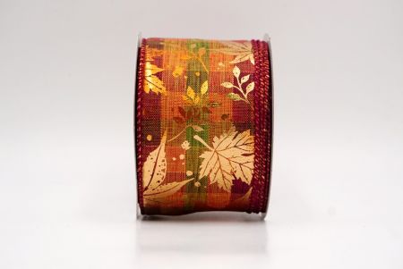 شريط سلكي من قماش برتقالي/بوردو مزخرف بأوراق القيقب الذهبية_KF9907GC-42-8