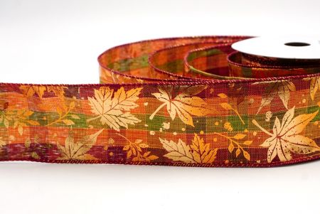 شريط سلكي من قماش برتقالي/بوردو مزخرف بأوراق القيقب الذهبية_KF9907GC-42-8