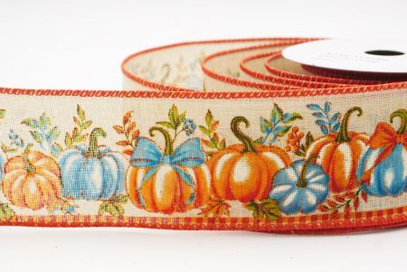 Light Brown Plaid Edge Pumpkin Harvest Fall Wired Ribbon_KF9911GC-13-220