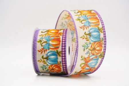 Light Brown - Purple Plaid Edge Pumpkin Harvest Fall Wired Ribbon_KF9911GC-13P-34