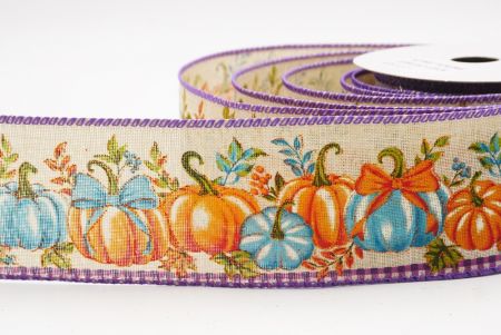 Light Brown - Purple Plaid Edge Pumpkin Harvest Fall Wired Ribbon_KF9911GC-13P-34