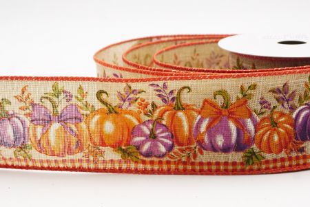 Beige Plaid Edge Pumpkin Harvest Fall Wired Ribbon_KF9911GC-14-220