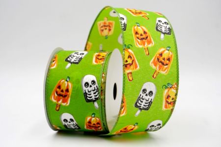 हल्का हरा_हैलोवीन कद्दू और कंकाल पॉप्सिकल वायर्ड रिबन_KF9929GC-15-42