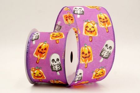 बैंगनी_हैलोवीन कद्दू और कंकाल पॉप्सिकल वायर्ड रिबन_KF9929GC-34-34