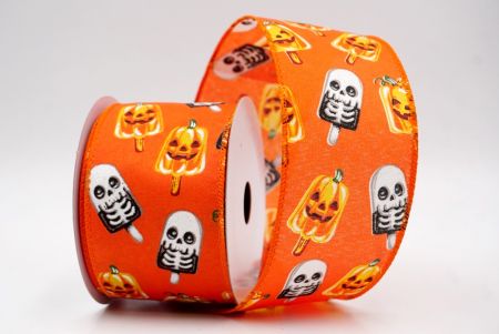 नारंगी_हैलोवीन कद्दू और कंकाल पॉप्सिकल वायर्ड रिबन_KF9929GC-54-54