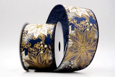 Navy Blue/Gold_Glitter Poinsettia & Holly Wired Ribbon_KF9944GC-4G-4