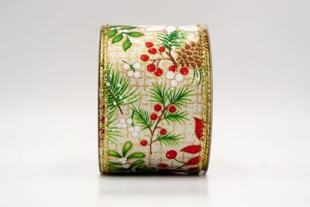 Cream_Pine, Holly & Mistletoe Wired Ribbon_KF9948G-2