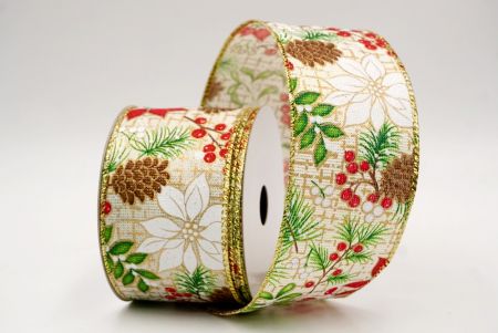 Cream_Pine, Holly & Mistletoe Wired Ribbon_KF9948G-2