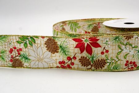 Cream_Pine, Holly & Mistletoe Wired Ribbon_KF9948G-2