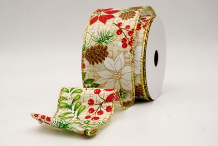 Cream_Pine, Holly & Mistletoe Wired Ribbon_KF9948G-2
