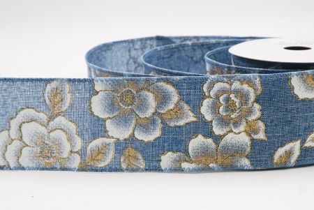 Fita de Natal Luxuosa Floral Dourada Azul Jeans_KF9958GC-4-226