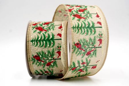 Khaki_Winter Pine Forest & Cardinal Wired Ribbon_KF9962GC-13-183