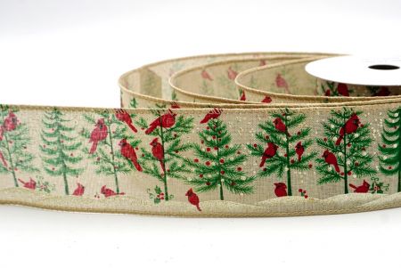 Khaki_Winter Pine Forest & Cardinal Wired Ribbon_KF9962GC-13-183