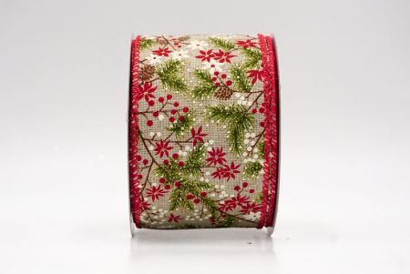 Khaki/Red_Holiday Pine & Winter Berry Wired Ribbon_KF9967GC-13H-7