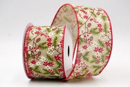 Khaki/Red_Holiday Pine & Winter Berry Wired Ribbon_KF9967GC-13H-7