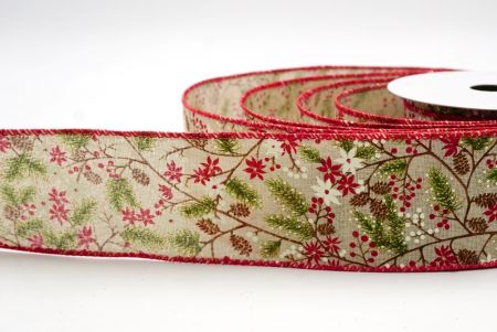Khaki/Red_Holiday Pine & Winter Berry Wired Ribbon_KF9967GC-13H-7