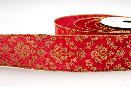 Red_Gold Damask Pattern Holiday Wired Ribbon_KF9996G-7