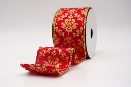 Red_Gold Damask Pattern Holiday Wired Ribbon_KF9996G-7