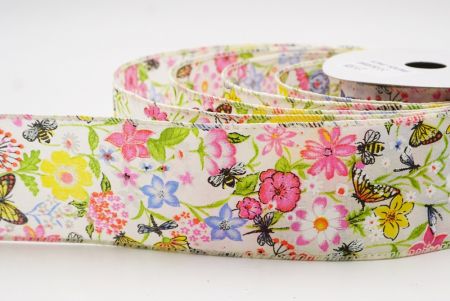 Cinta de alambre de primavera con mariposas coloridas y flores silvestres en color crema_KW0057GC-2-2