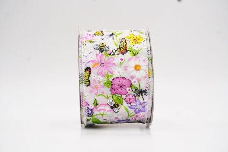 Cinta de alambre de primavera con mariposas coloridas y flores silvestres en blanco_KW0058GC-1-1