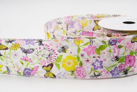 Cinta de alambre de primavera con mariposas coloridas y flores silvestres en blanco_KW0058GC-1-1
