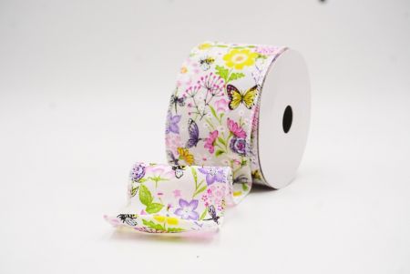 Cinta de alambre de primavera con mariposas coloridas y flores silvestres en blanco_KW0058GC-1-1