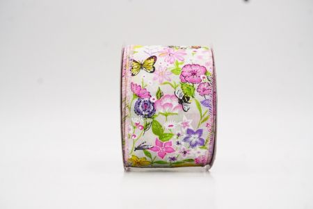 Cinta de alambre de primavera con mariposas coloridas y flores silvestres en crema y rosa_KW0058GC-2-5