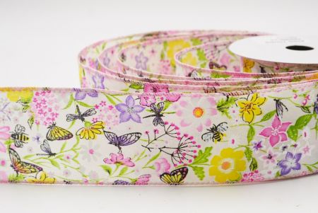 Cinta de alambre de primavera con mariposas coloridas y flores silvestres en crema y rosa_KW0058GC-2-5