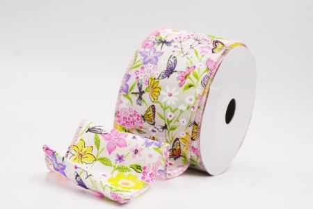Cinta de alambre de primavera con mariposas coloridas y flores silvestres en crema y rosa_KW0058GC-2-5