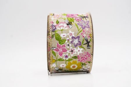 Cinta de alambre de primavera con mariposas coloridas y flores silvestres en marrón claro_KW0059GC-13-183