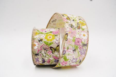 Cinta de alambre de primavera con mariposas coloridas y flores silvestres en marrón claro_KW0059GC-13-183