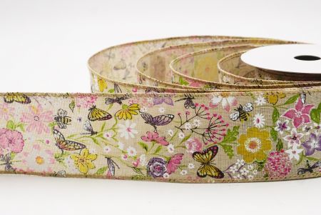 Cinta de alambre de primavera con mariposas coloridas y flores silvestres en marrón claro_KW0059GC-13-183