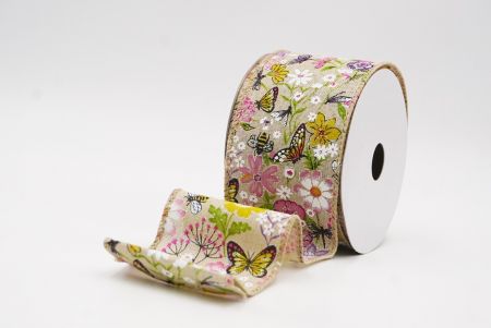 Cinta de alambre de primavera con mariposas coloridas y flores silvestres en marrón claro_KW0059GC-13-183