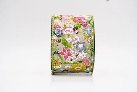 Cinta de alambre de primavera con mariposas coloridas y flores silvestres en verde caqui_KW0059GC-14-42