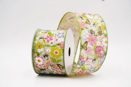 Cinta de alambre de primavera con mariposas coloridas y flores silvestres en verde caqui_KW0059GC-14-42