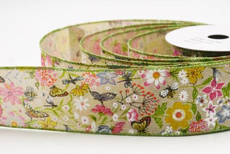 Cinta de alambre de primavera con mariposas coloridas y flores silvestres en verde caqui_KW0059GC-14-42