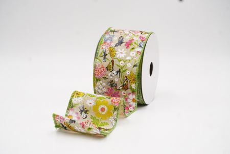 Cinta de alambre de primavera con mariposas coloridas y flores silvestres en verde caqui_KW0059GC-14-42