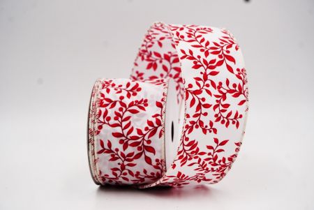 Κορδέλα με εκτύπωση από λευκά και κόκκινα vintage φυτικά φύλλα_KW0074GC-1R-2