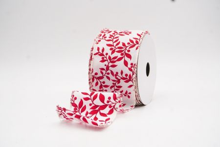 Κορδέλα με εκτύπωση από λευκά και κόκκινα vintage φυτικά φύλλα_KW0074GC-1R-2