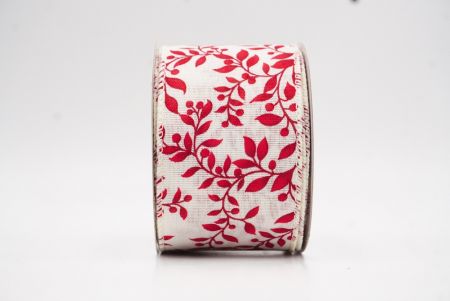 Κρέμα με κόκκινη vintage φυτική κορδέλα με εκτύπωση φύλλων_KW0077GC-2-2