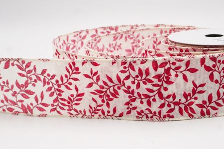 Κρέμα με κόκκινη vintage φυτική κορδέλα με εκτύπωση φύλλων_KW0077GC-2-2