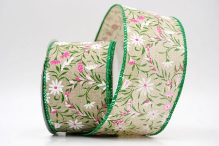 Χακί/Πράσινο_Κορδέλα με εκτύπωση από μαργαρίτες και φύλλα της άνοιξης_KW0080GC-13-49