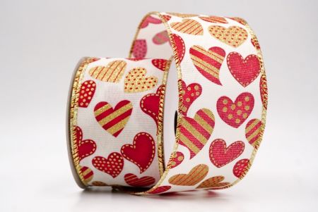 Κρεμ_Πουά και Ριγέ Καρδιά Κορδέλα με Σύρμα_KW0086G-2