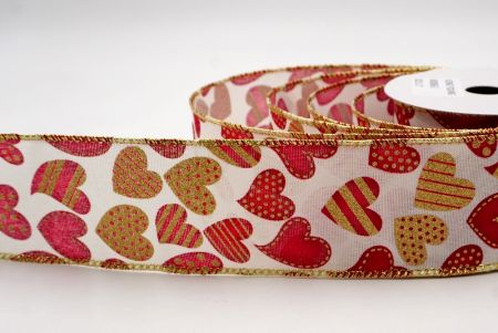 Κρεμ_Πουά και Ριγέ Καρδιά Κορδέλα με Σύρμα_KW0086G-2