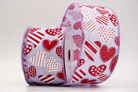 Μωβ_Πουά και Ριγέ Καρδιά Κορδέλα με Σύρμα_KW0087GC-11-11