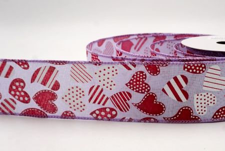 Μωβ_Πουά και Ριγέ Καρδιά Κορδέλα με Σύρμα_KW0087GC-11-11