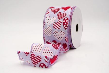 Μωβ_Πουά και Ριγέ Καρδιά Κορδέλα με Σύρμα_KW0087GC-11-11